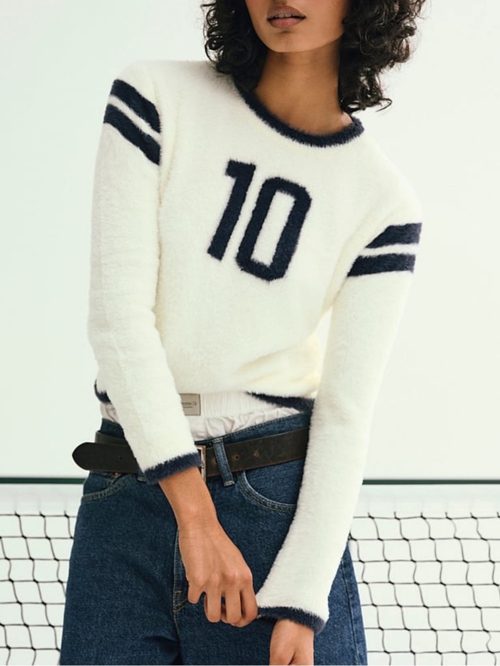 For Love And Lemons White & Navy Founded in ‘10 Fuzzy Crewneck Sweater